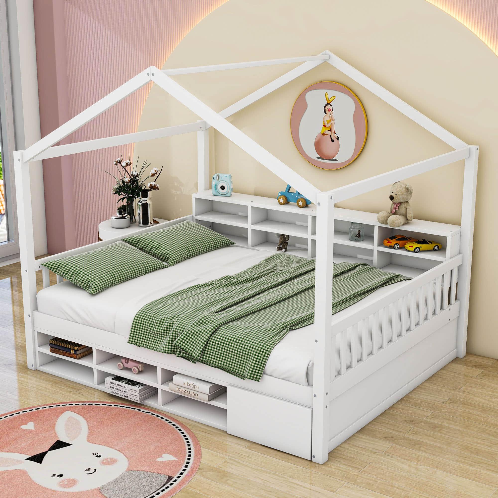 Wood Full House Kids Storage Bed Frame with Shelves and Mini-Cabinet