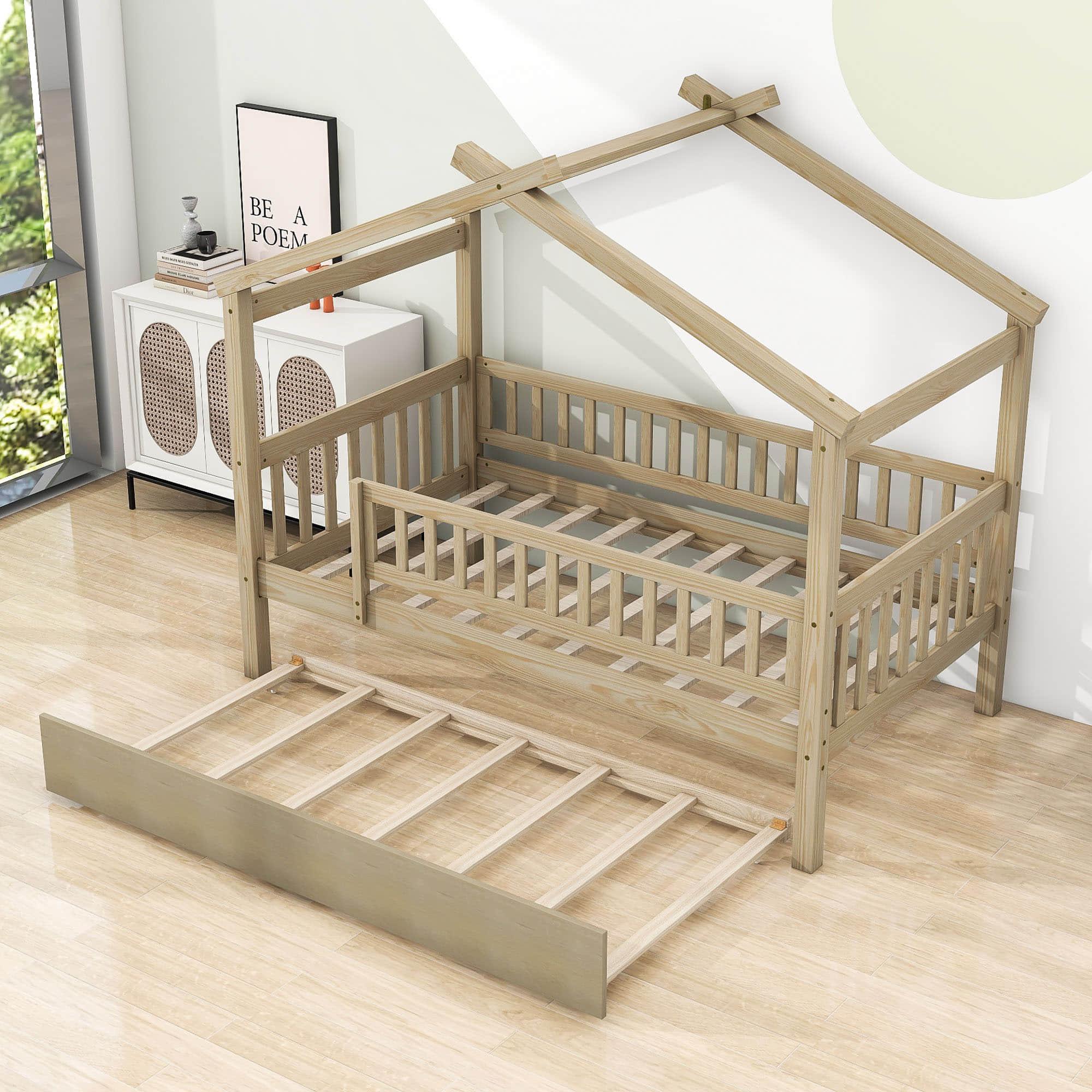 Wooden Twin House Bed with Twin Trundle for Kids, Toddler