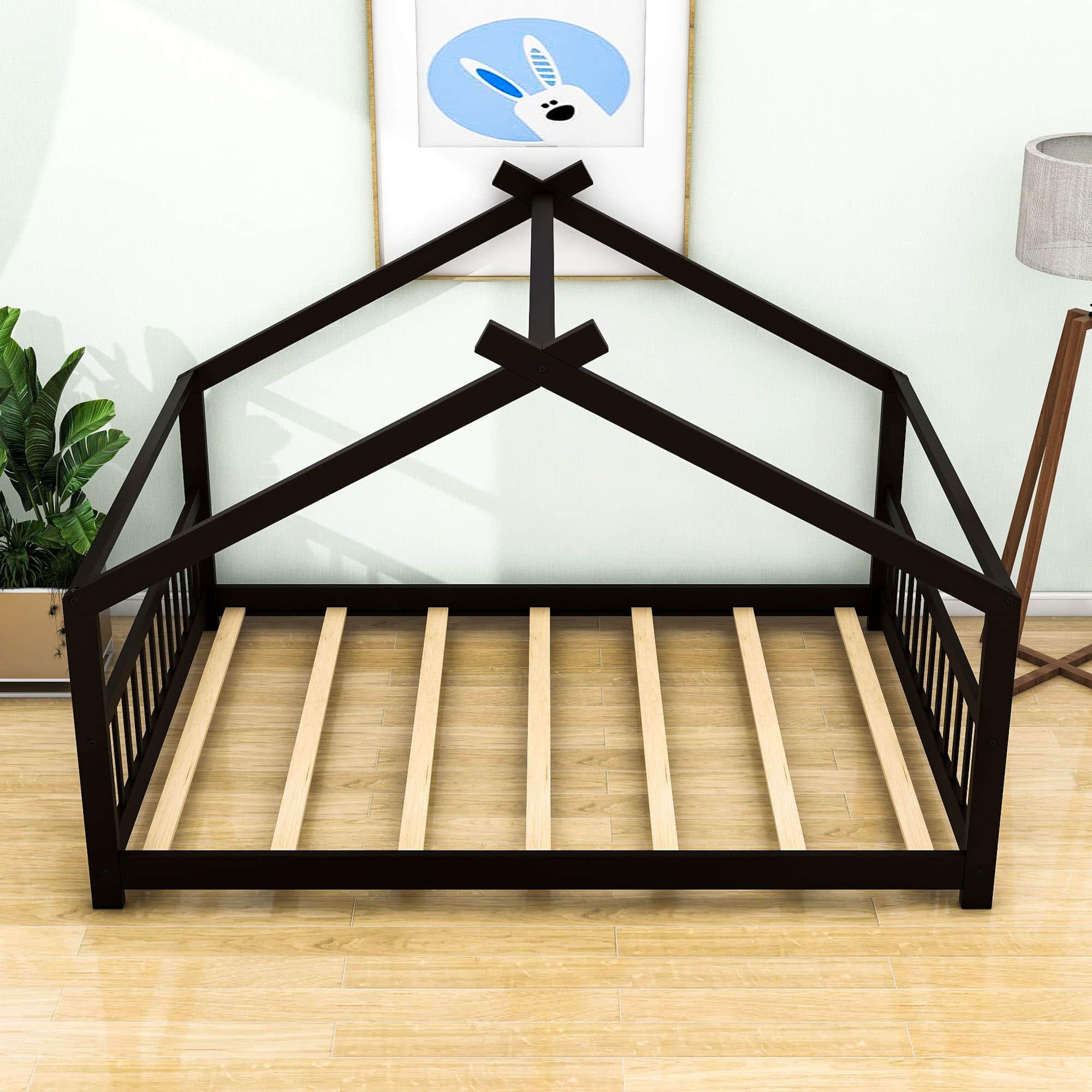 Wooden Full Size Low House Bed Frame for Toddler, Kids