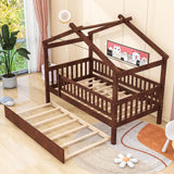 Wooden Twin House Bed with Twin Trundle for Kids, Toddler