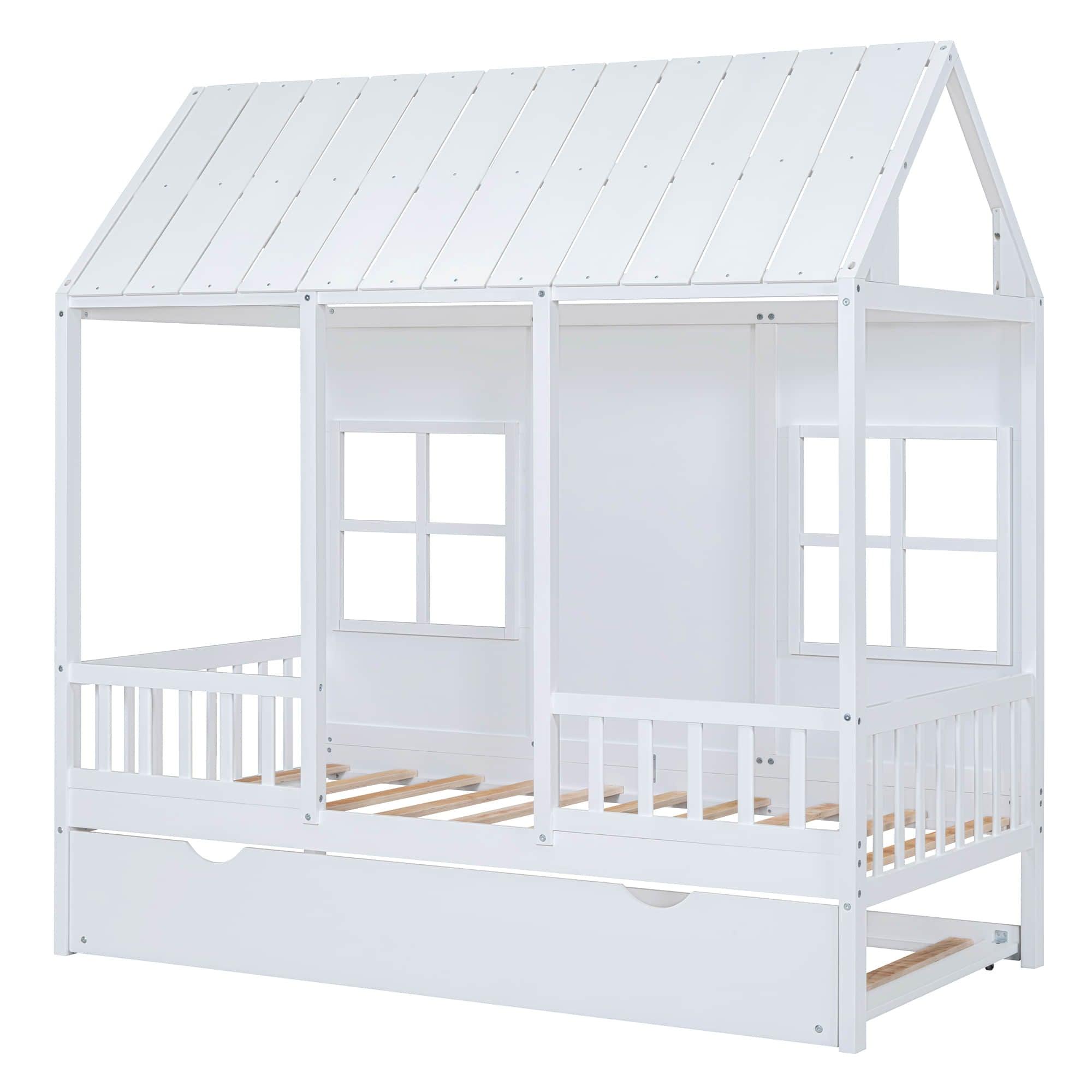 Wooden Twin House Kids Bed with Twin Trundle Bed and Rails