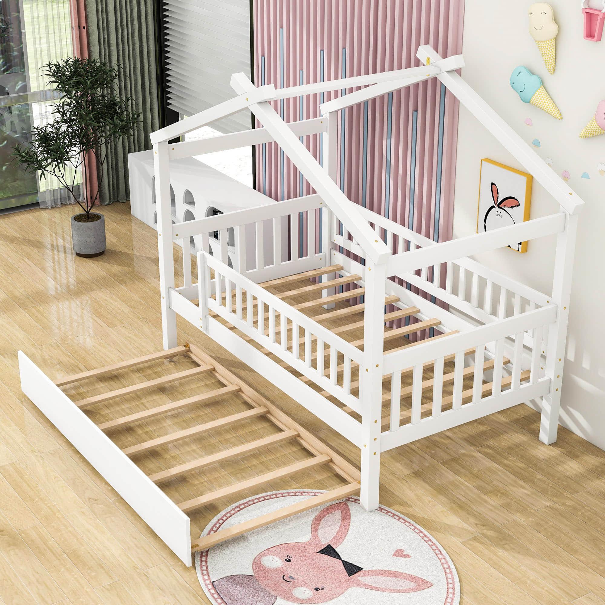 Wooden Twin House Bed with Twin Trundle for Kids, Toddler