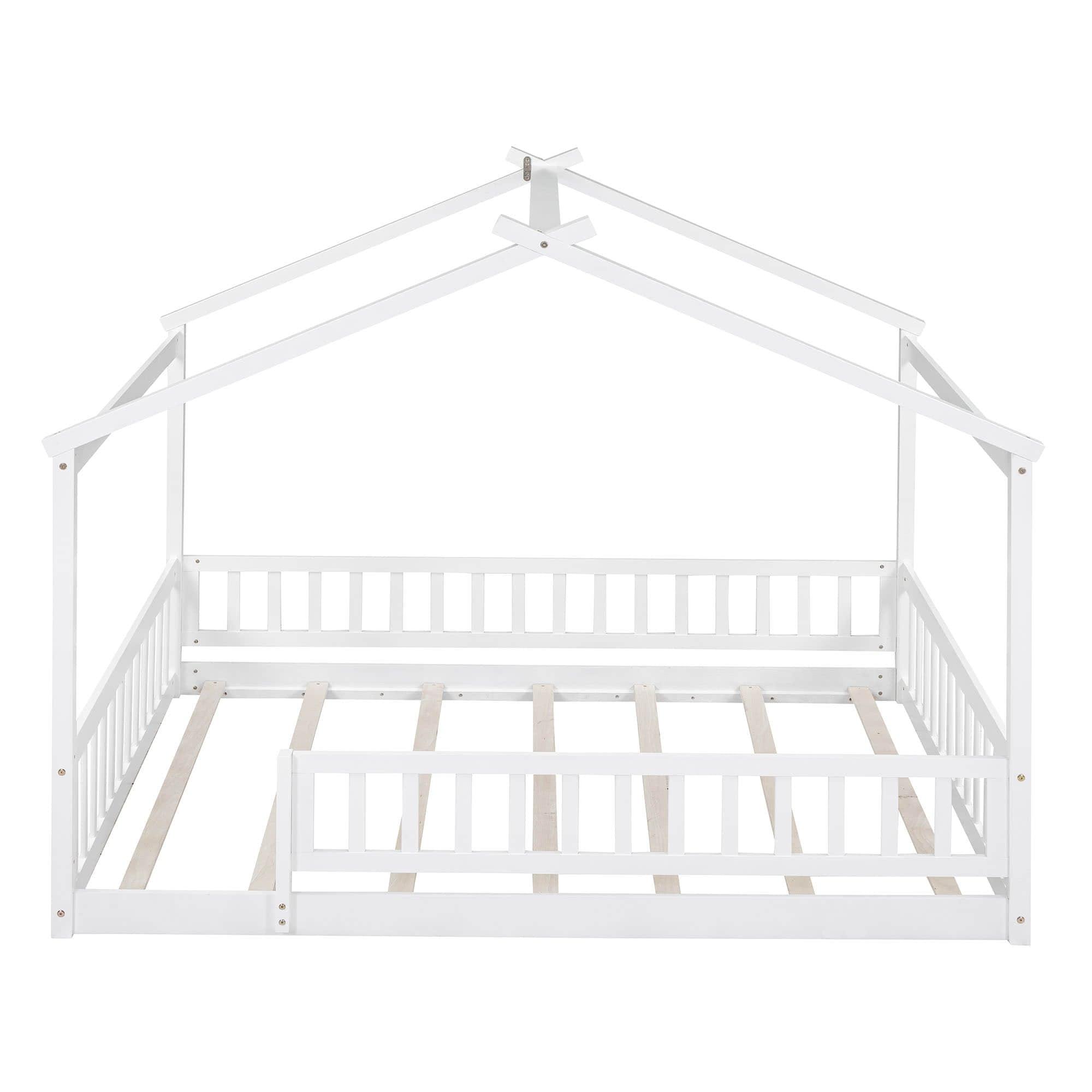 Full Size Wood House Kids Toddler Floor Bed with Rails