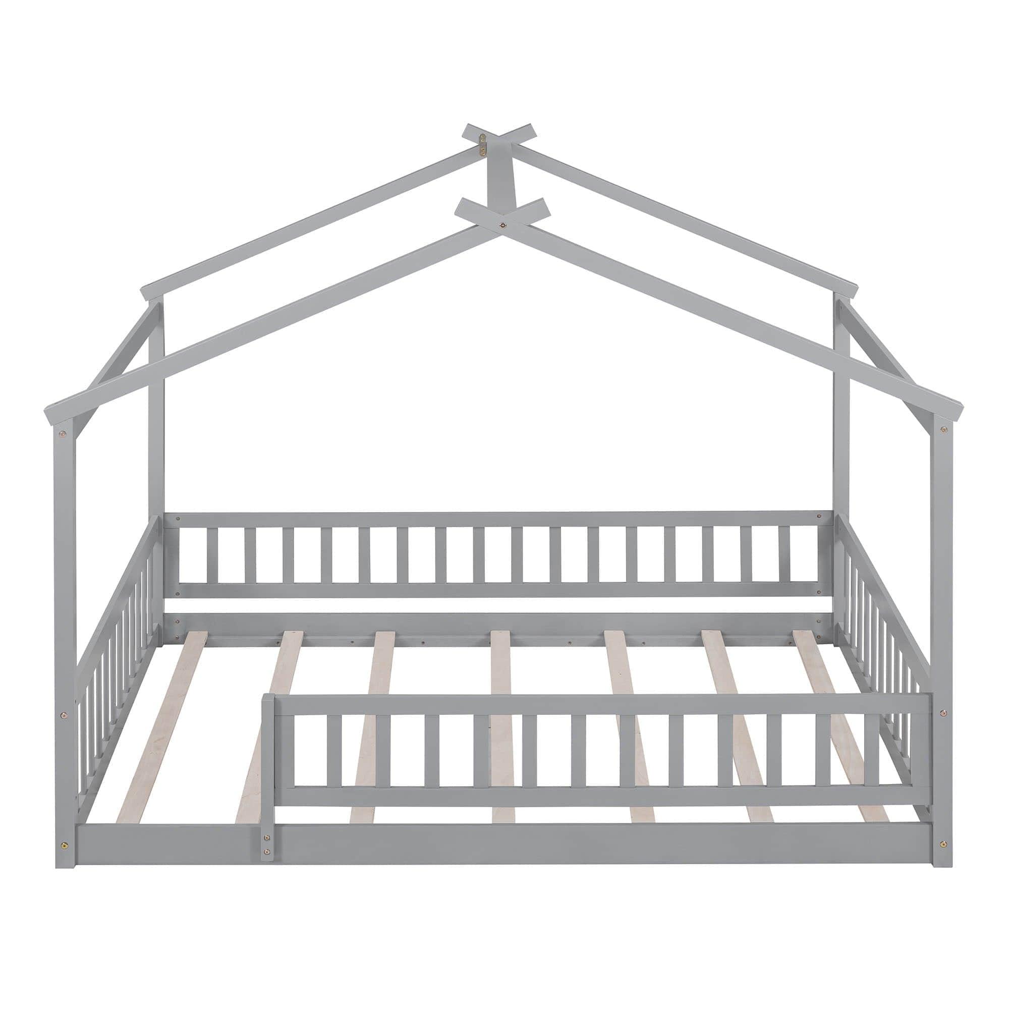 Full Size Wood House Kids Toddler Floor Bed with Rails