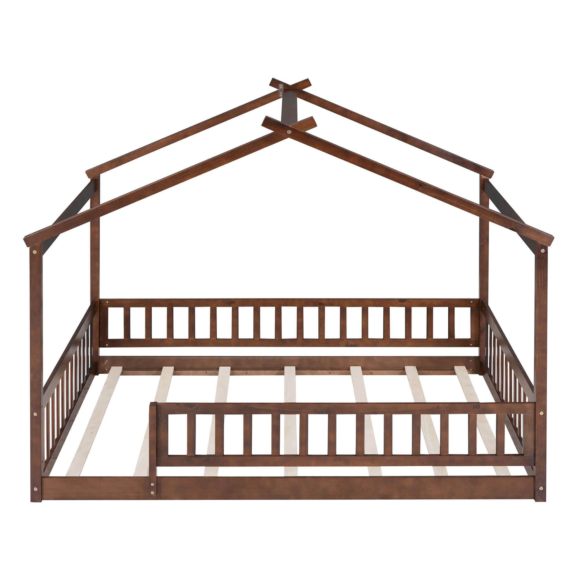 Full Size Wood House Kids Toddler Floor Bed with Rails