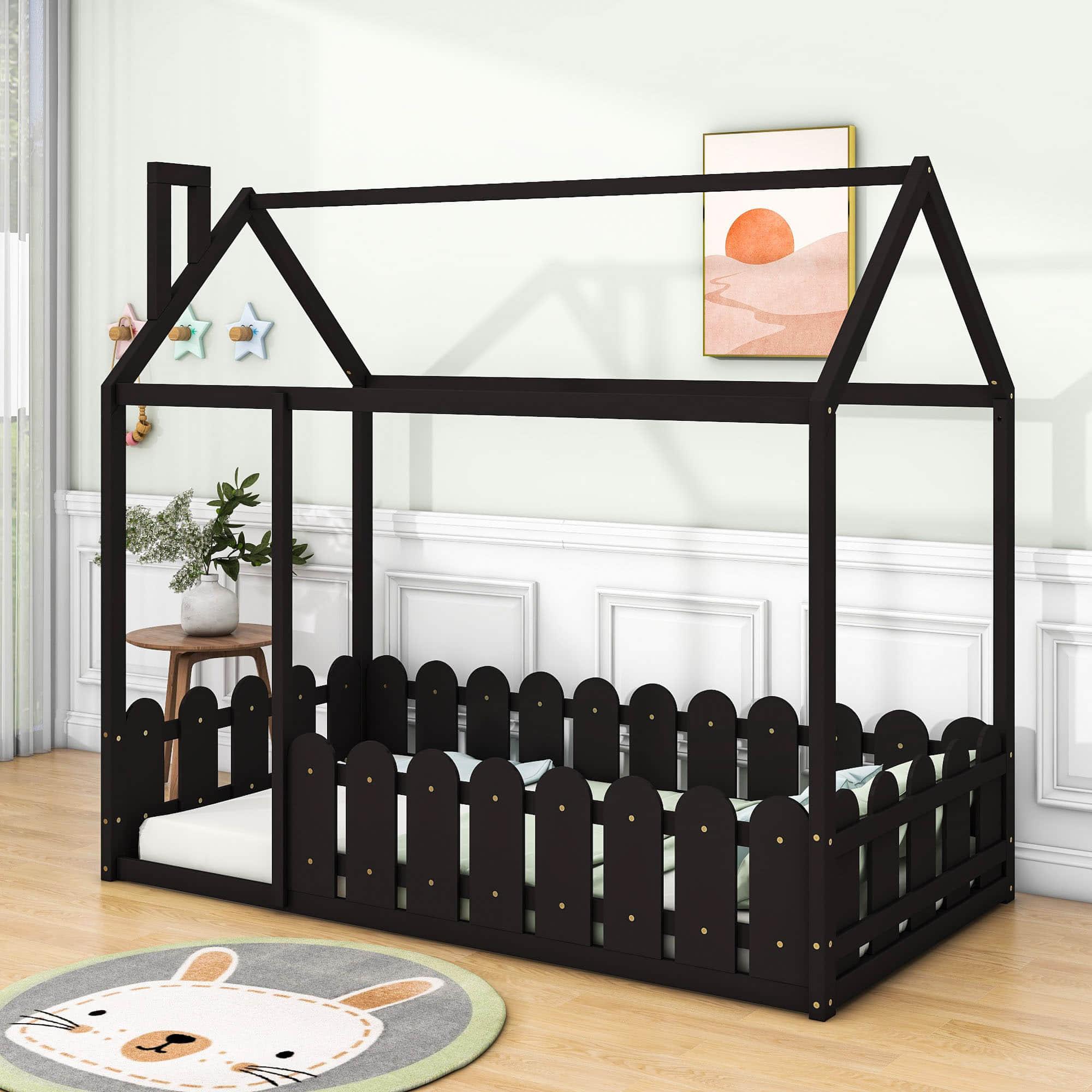 Twin Toddler Floor House Bed Frame with Rails - [Without Slats]