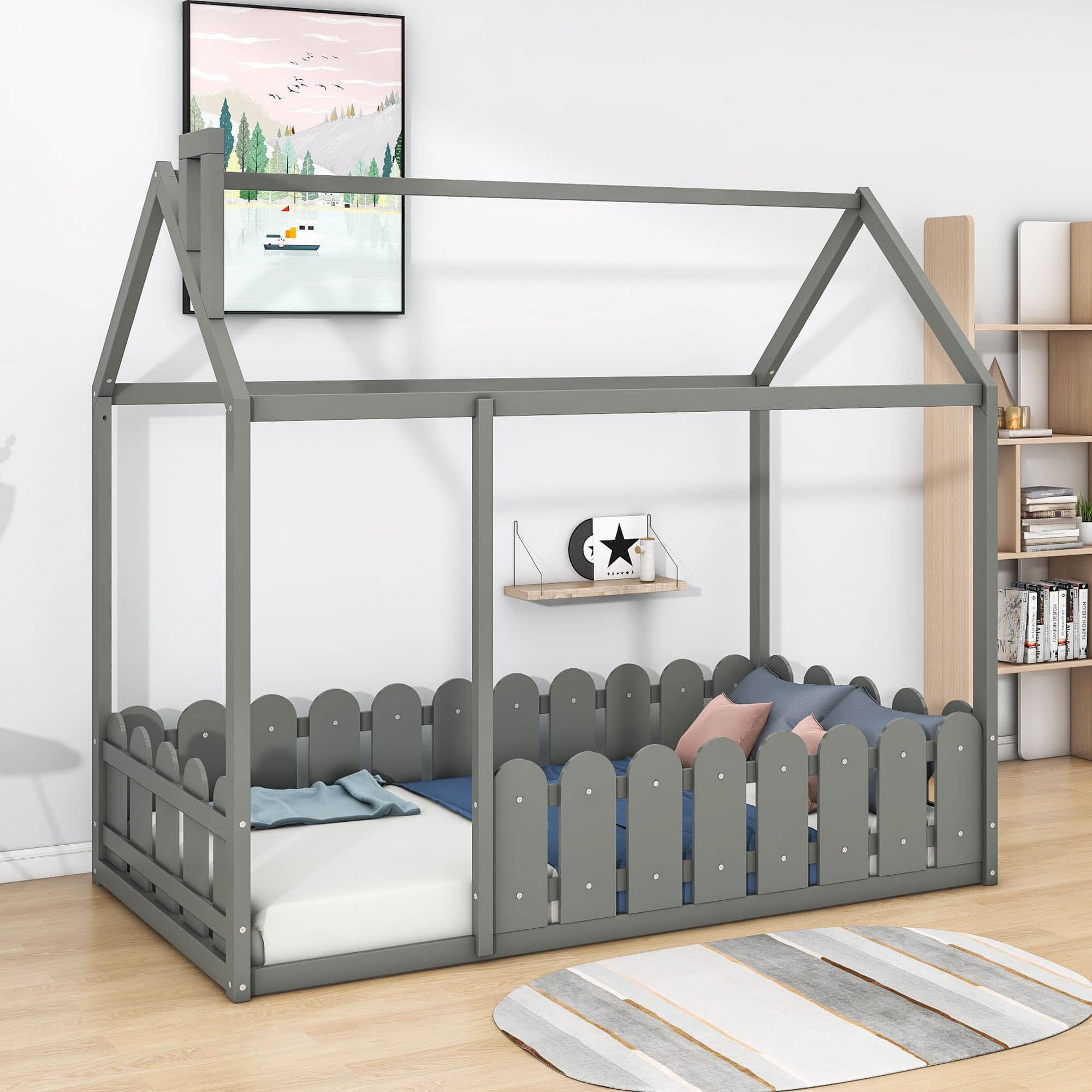 Twin Toddler Floor House Bed Frame with Rails - [Without Slats]