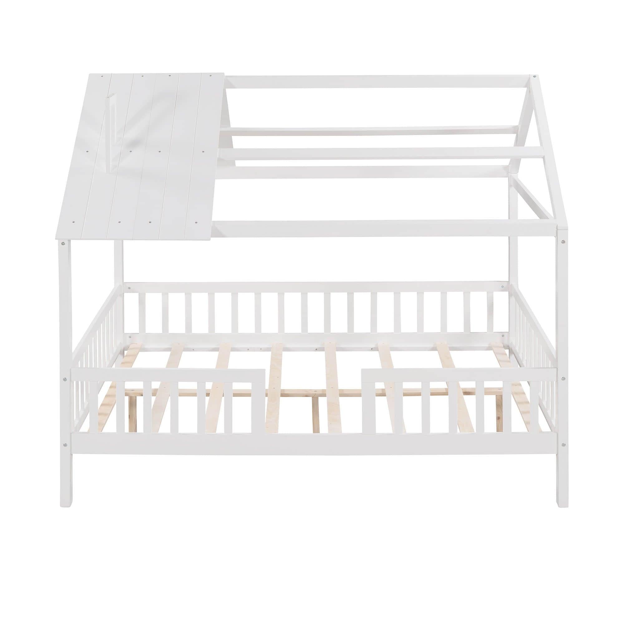 Full Wooden Kids Low Montessori Farmhouse Bed Frame with Rails