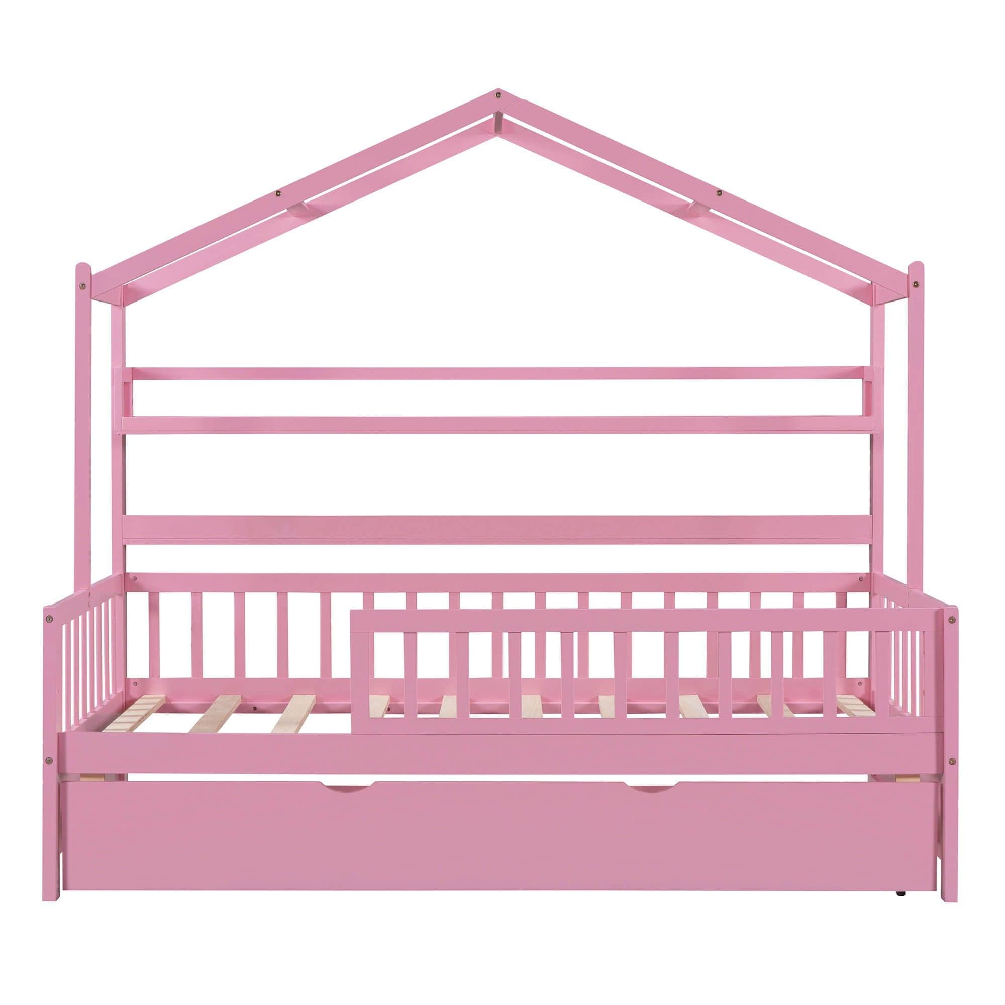 Wood Twin Size Low House Bed Frame with Storage and Twin Trundle Bed