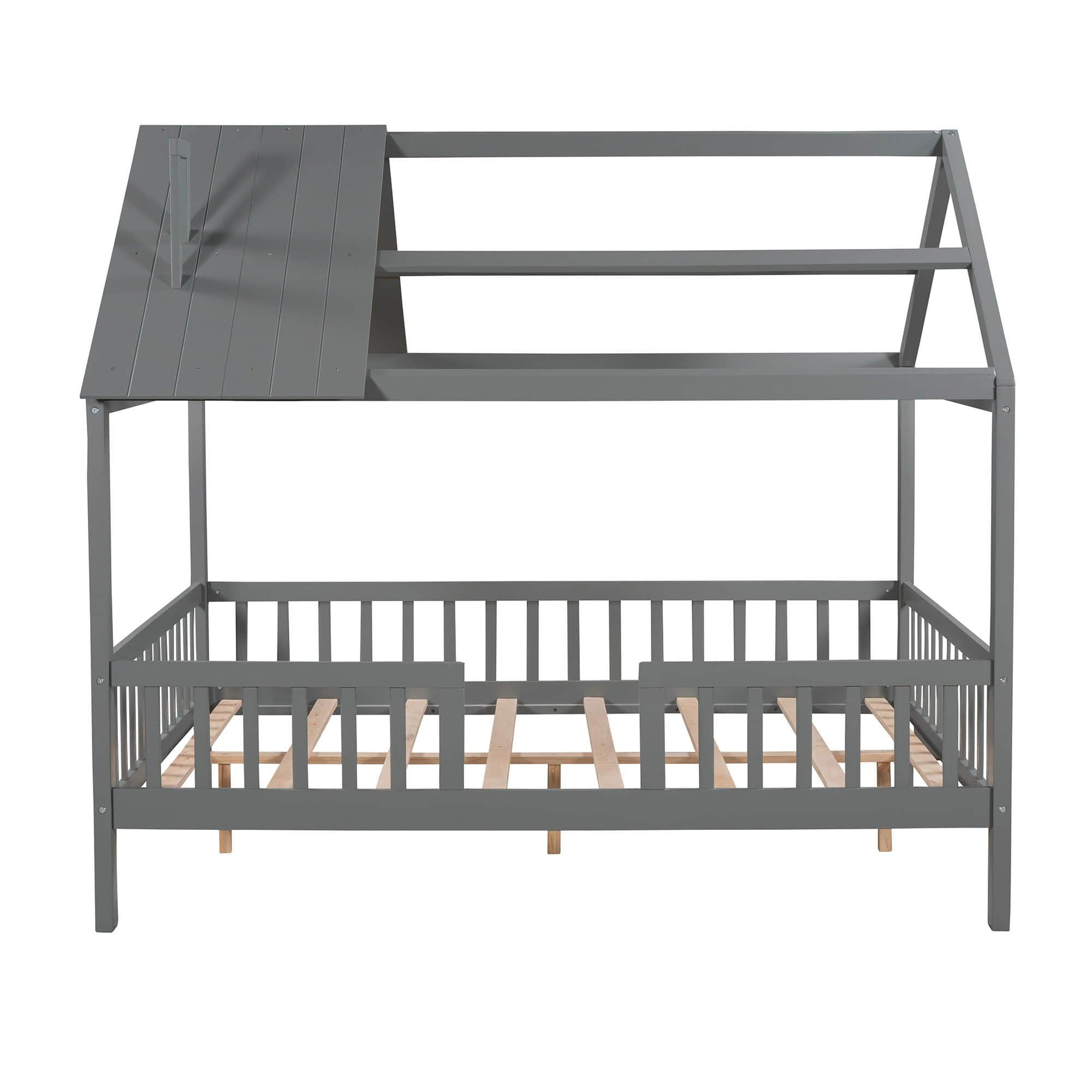 Full Wooden Kids Low Montessori Farmhouse Bed Frame with Rails