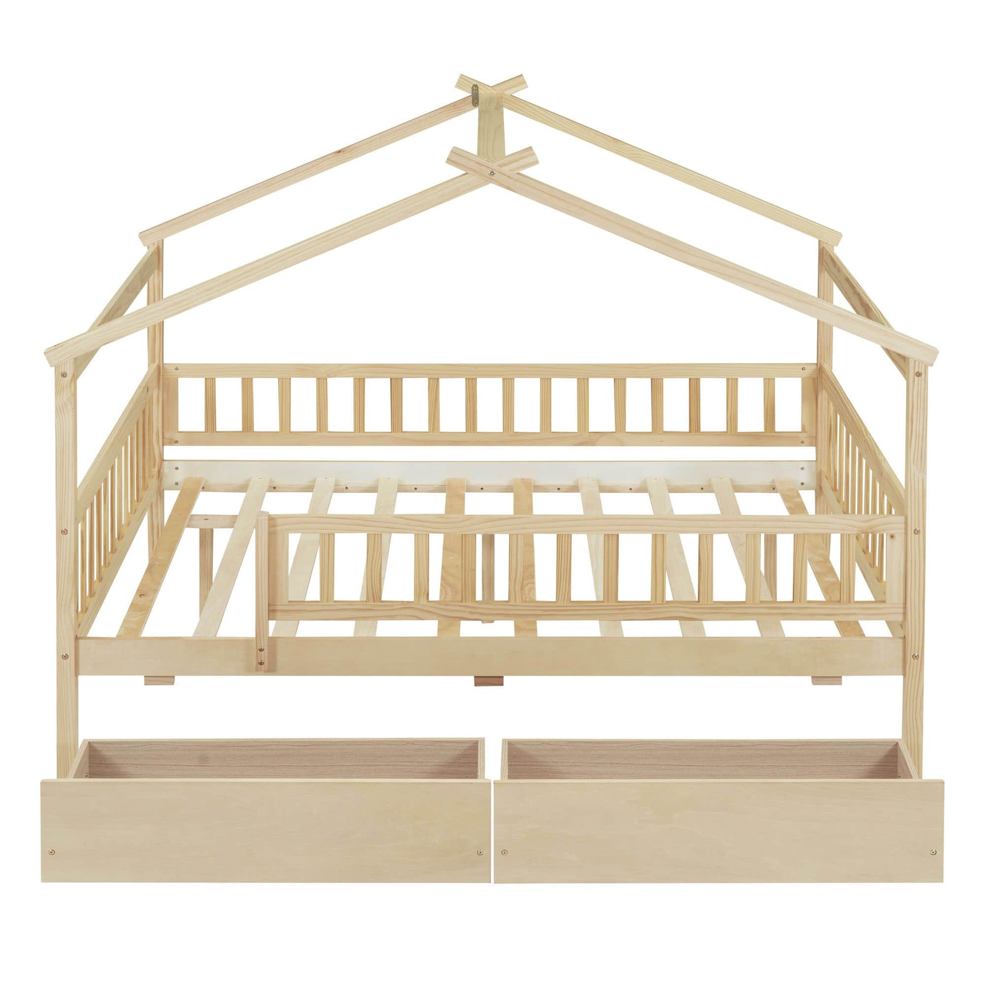 Full Size Wood House Toddler Bed Frame with Rails and Storage