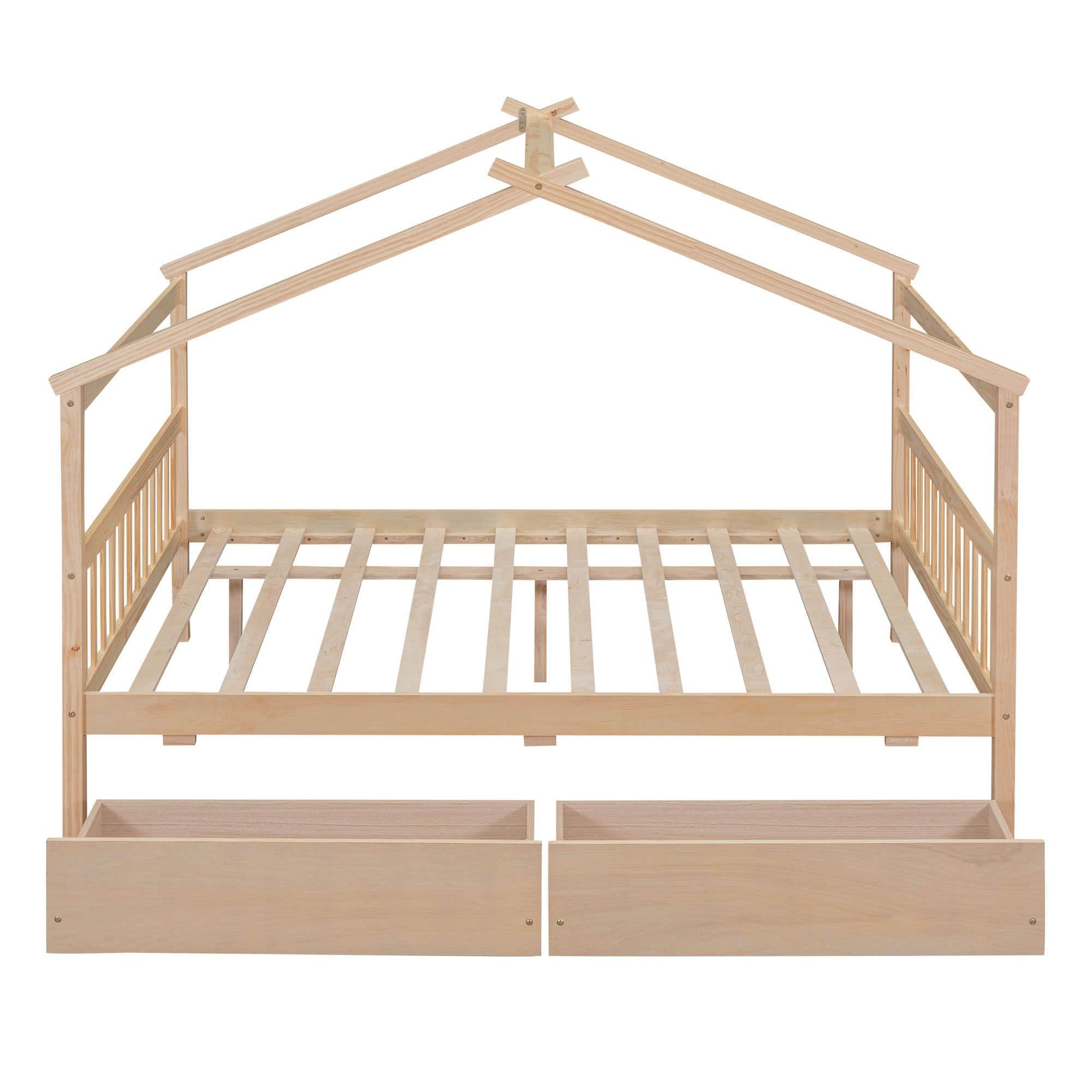 Wooden Full Size House Bed with Storage Drawers for Kids