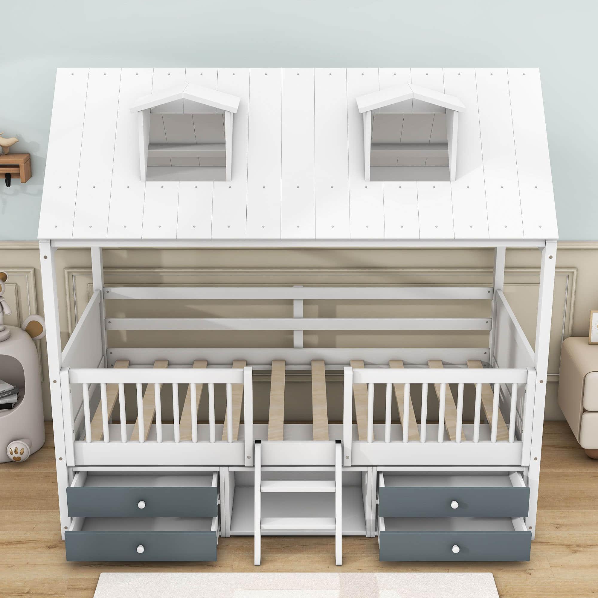 Low Twin Size Loft House Bed with Storage for Kids, Toddler - [Wooden]