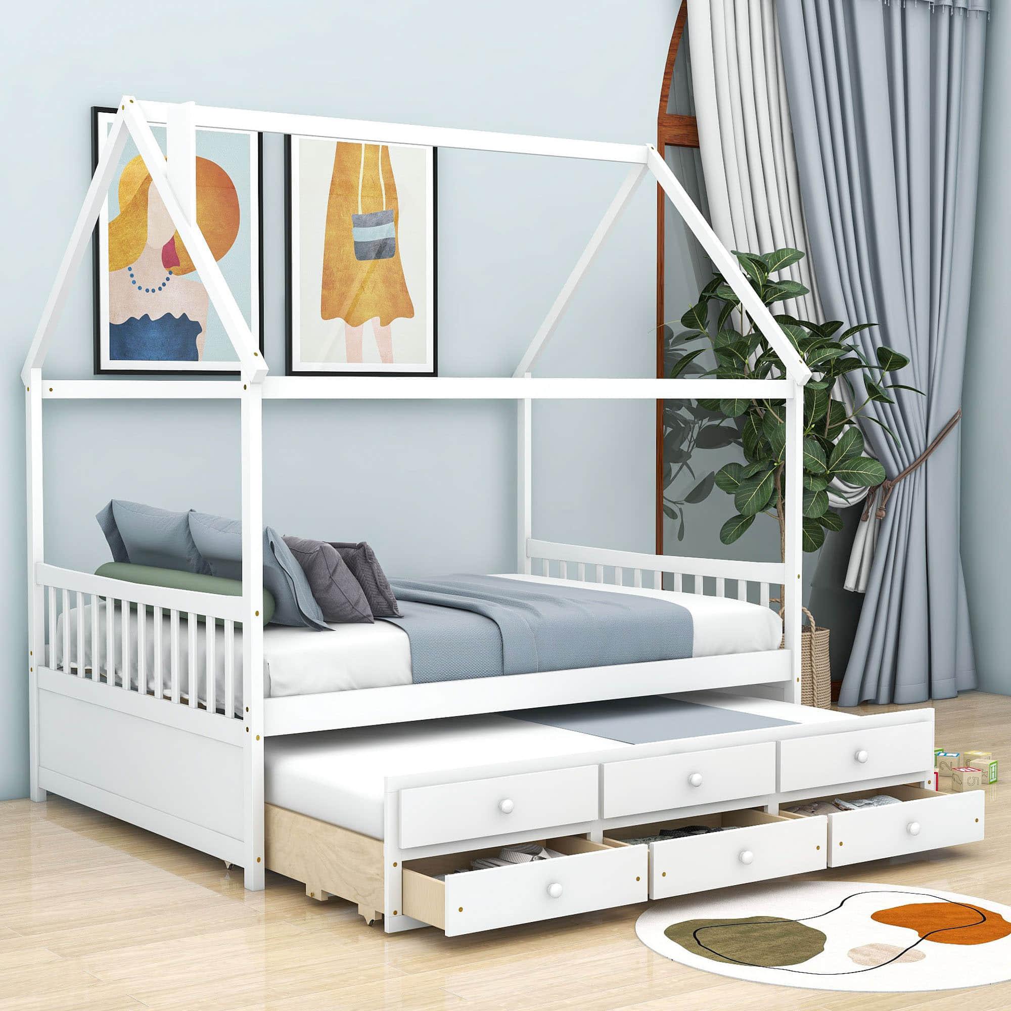 Full Size Kids Wooden House Bed Frame with Trundle and Storage