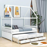 Full Size Kids Wooden House Bed Frame with Trundle and Storage