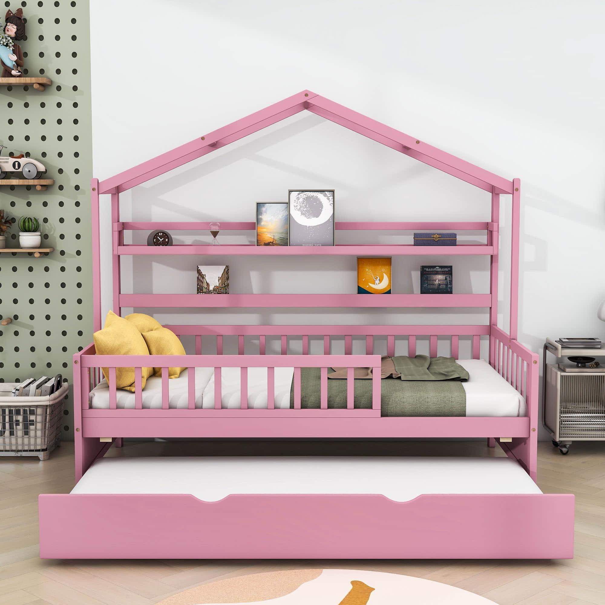 Wood Twin Size Low House Bed Frame with Storage and Twin Trundle Bed