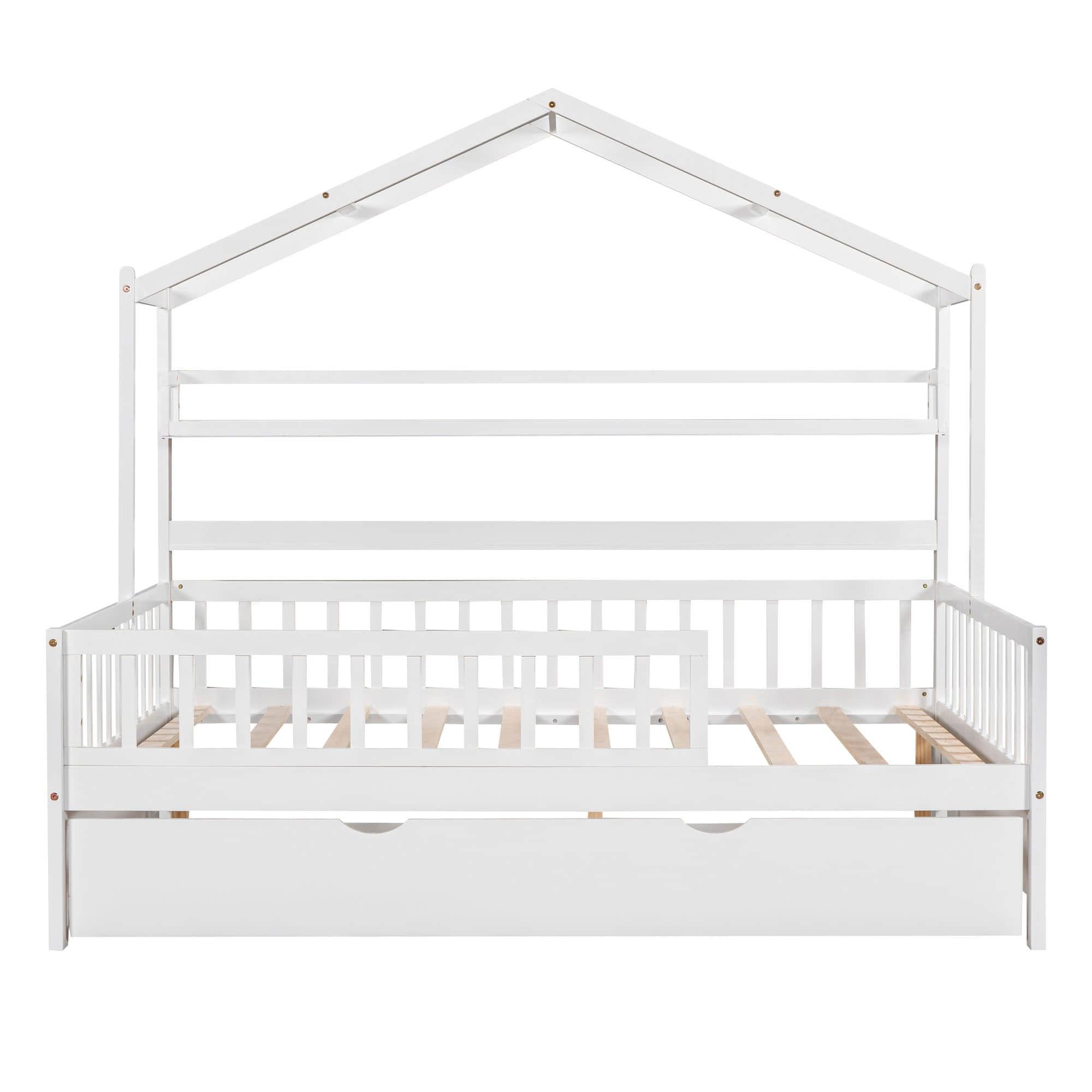 Wood Full Size Low House Bed Frame with Storage and Twin Trundle Bed