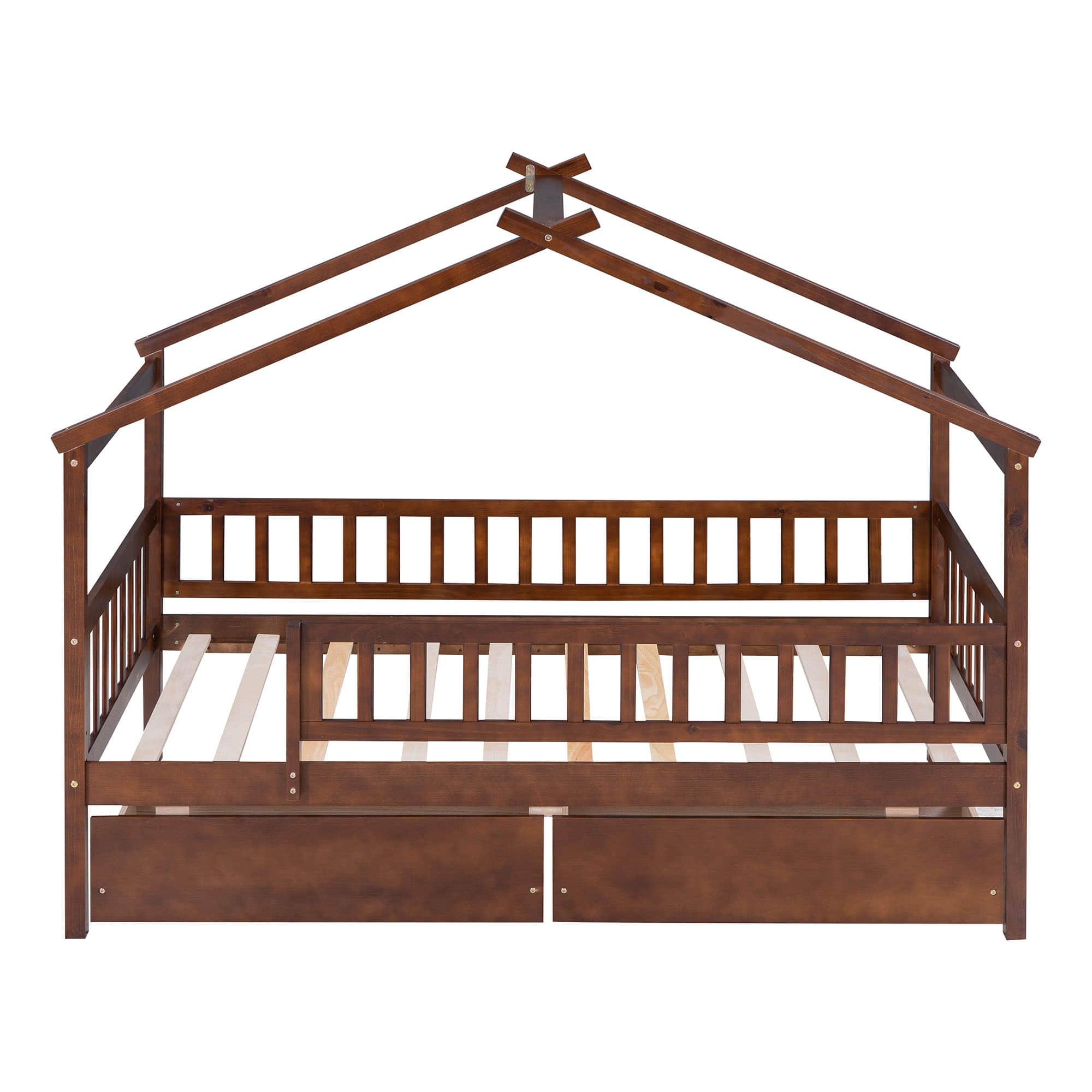 Twin Size Wood House Toddler Bed Frame with Rails and Storage