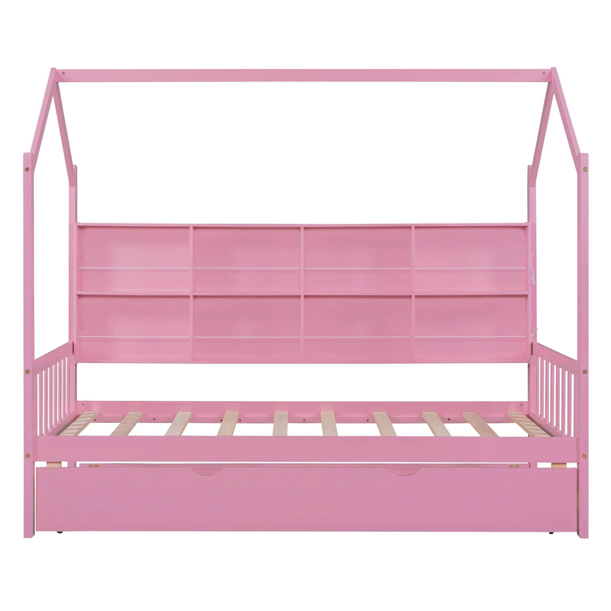 Twin Size Kids House Bed Frame with Twin Trundle and Shelf above Bed