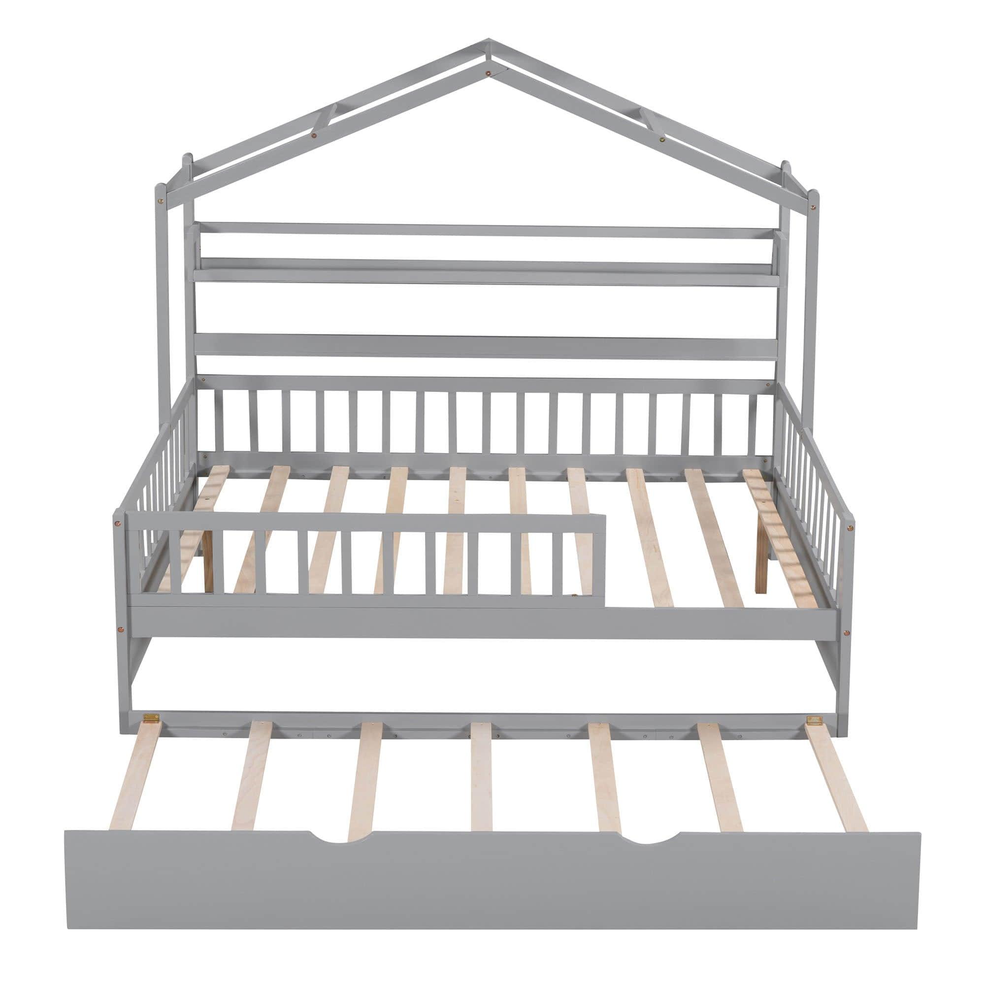 Wood Full Size Low House Bed Frame with Storage and Twin Trundle Bed