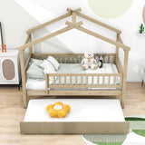 Wooden Twin House Bed with Twin Trundle for Kids, Toddler