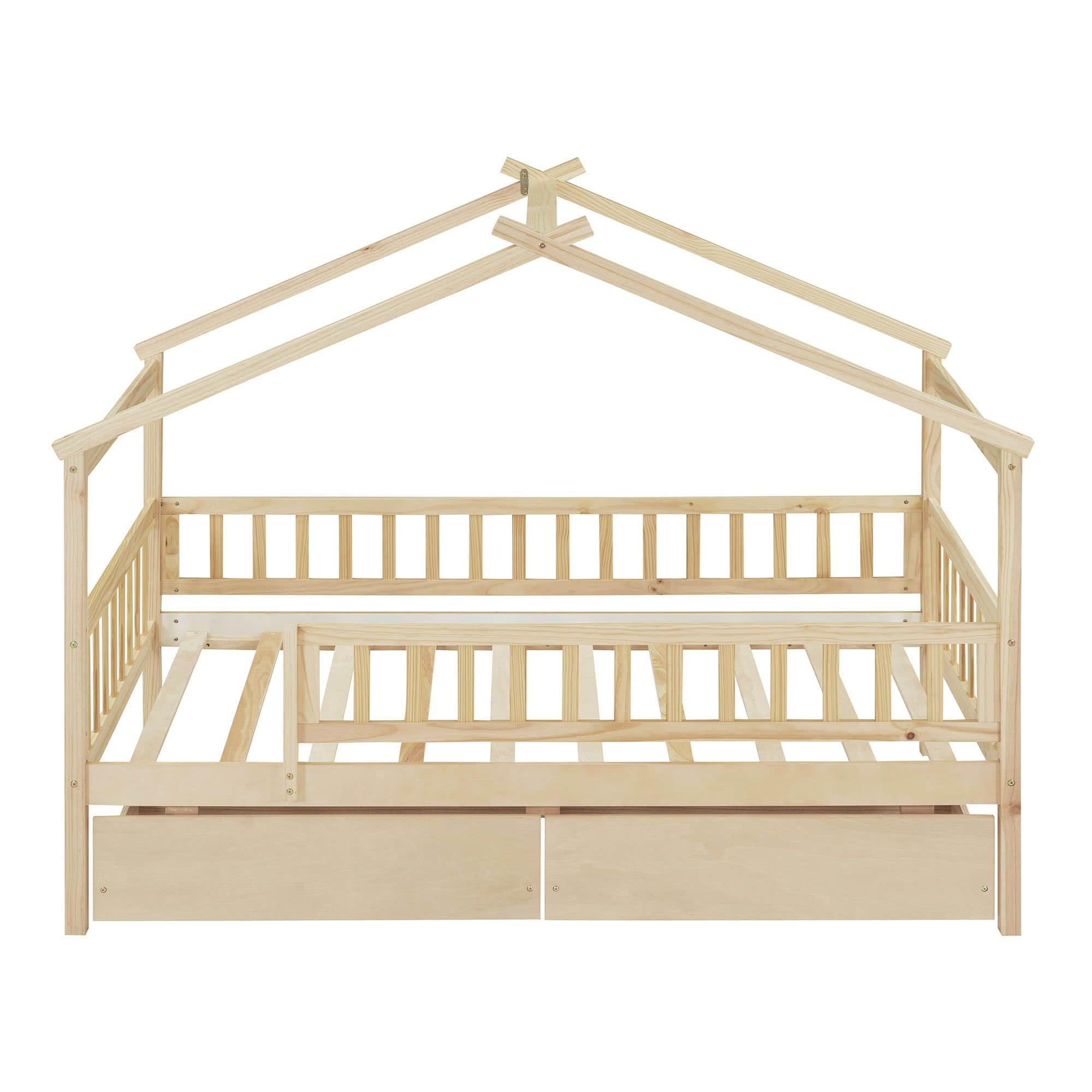 Twin Size Wood House Toddler Bed Frame with Rails and Storage