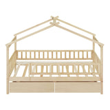 Twin Size Wood House Toddler Bed Frame with Rails and Storage