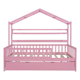 Wood Full Size Low House Bed Frame with Storage and Twin Trundle Bed