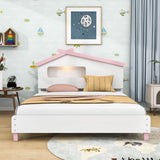 Kids Full Wood Platform Bed with House-Shaped Headboard and LED Lights