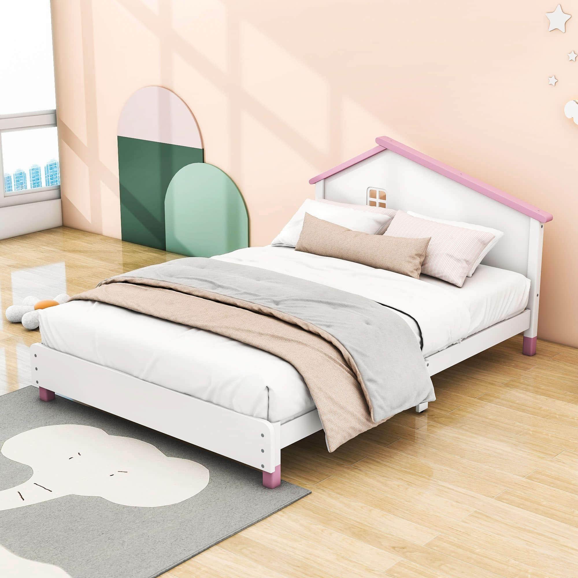 Full Size Wood Platform Bed with House-Shaped Headboard for Girls