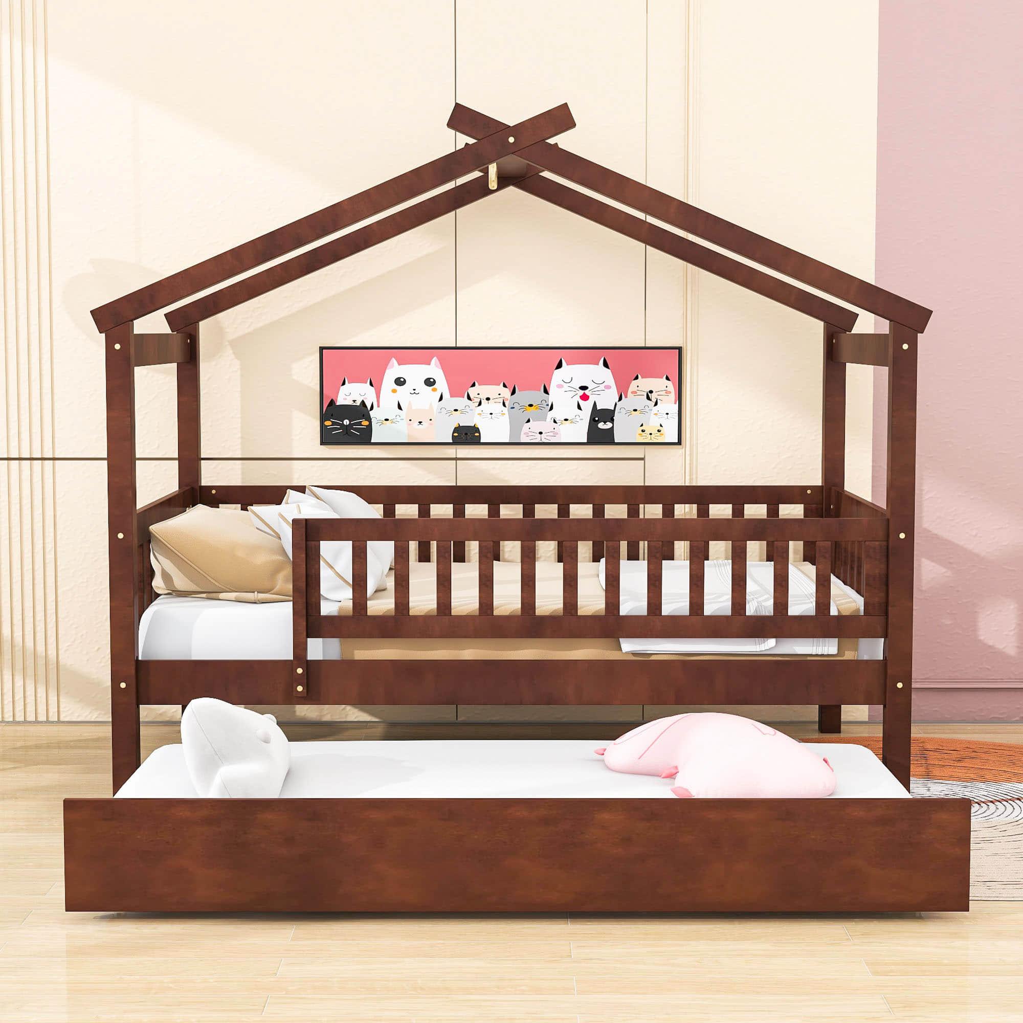 Wooden Twin House Bed with Twin Trundle for Kids, Toddler