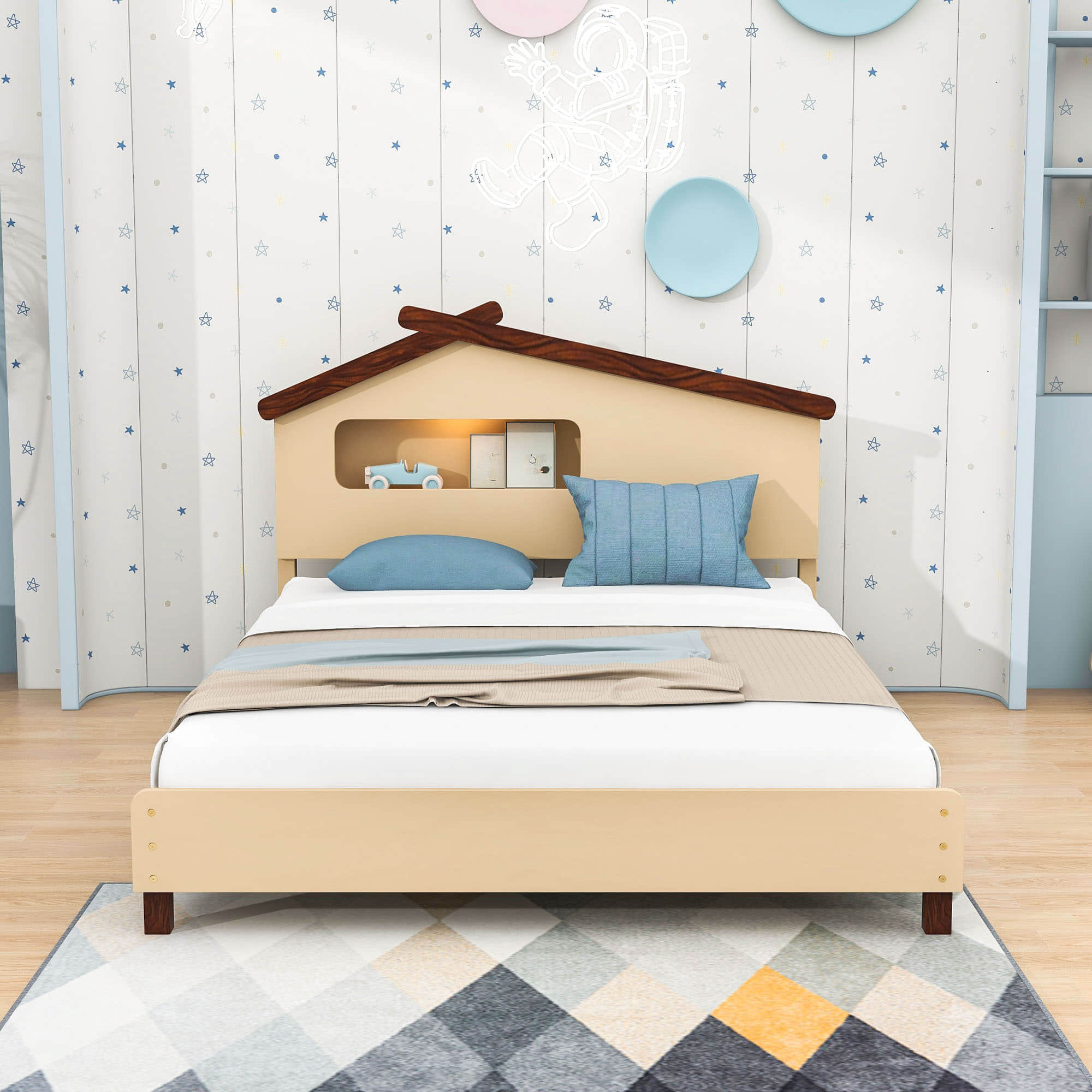 Kids Full Wood Platform Bed with House-Shaped Headboard and LED Lights