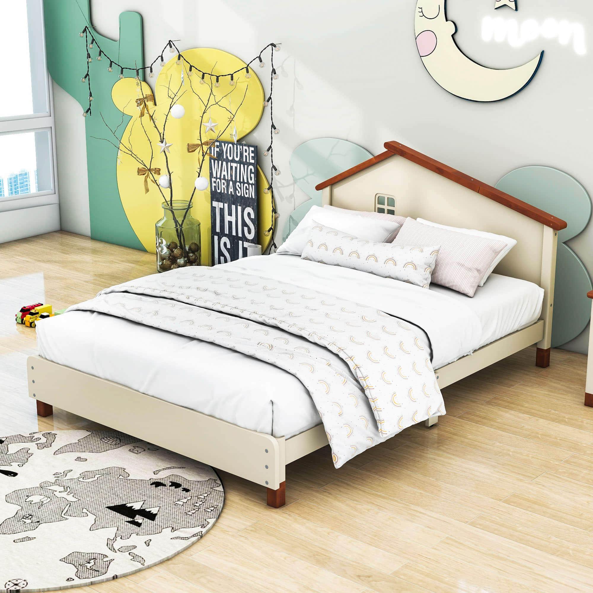 Full Size Wood Platform Bed with House-Shaped Headboard for Girls