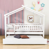 Wooden Twin House Bed with Twin Trundle for Kids, Toddler