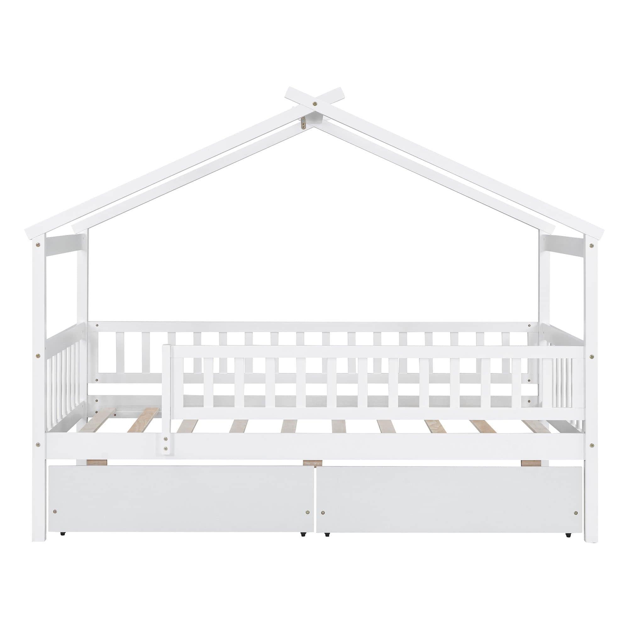 Twin Size Wood House Toddler Bed Frame with Rails and Storage