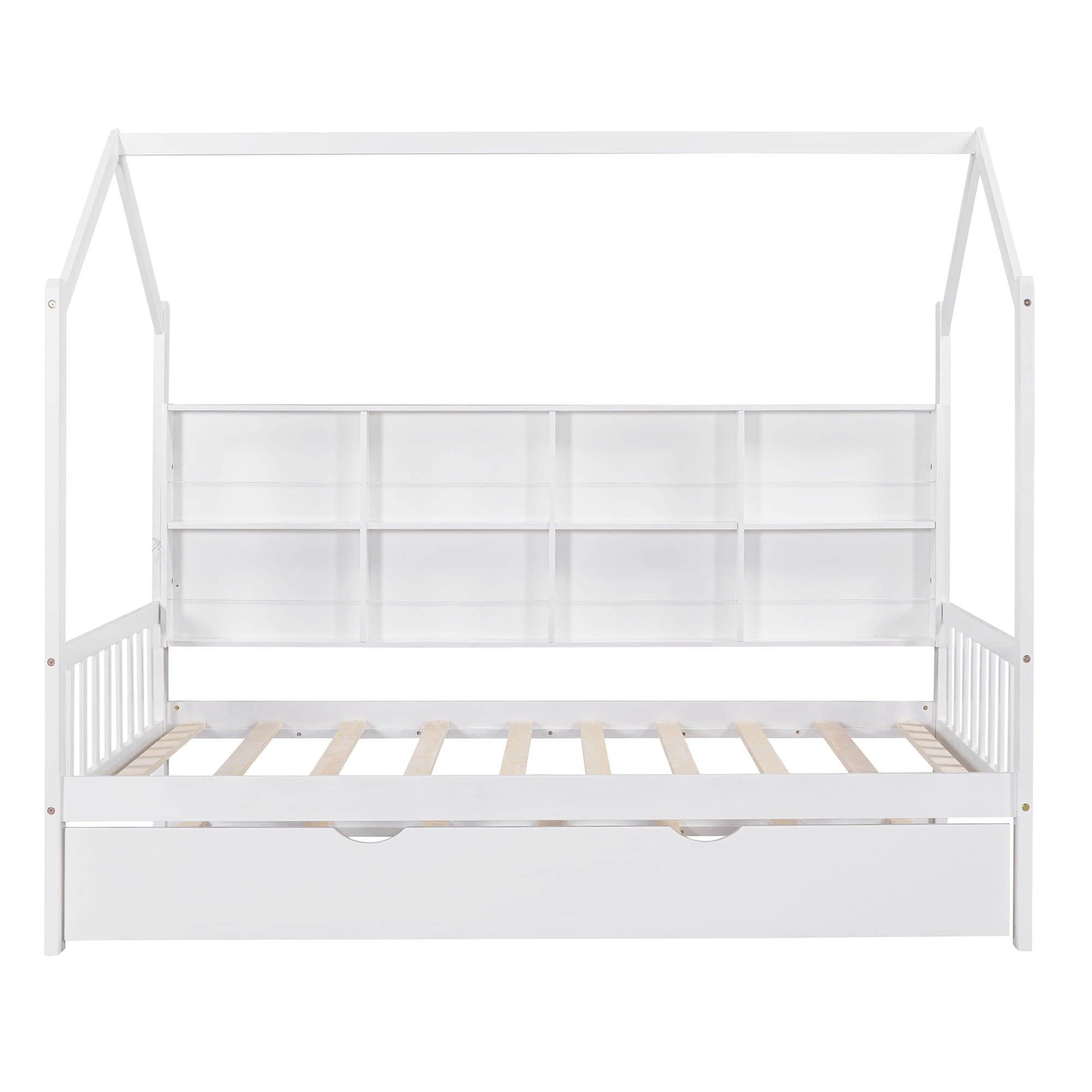 Twin Size Kids House Bed Frame with Twin Trundle and Shelf above Bed