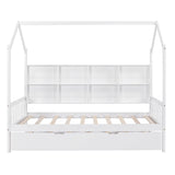 Twin Size Kids House Bed Frame with Twin Trundle and Shelf above Bed