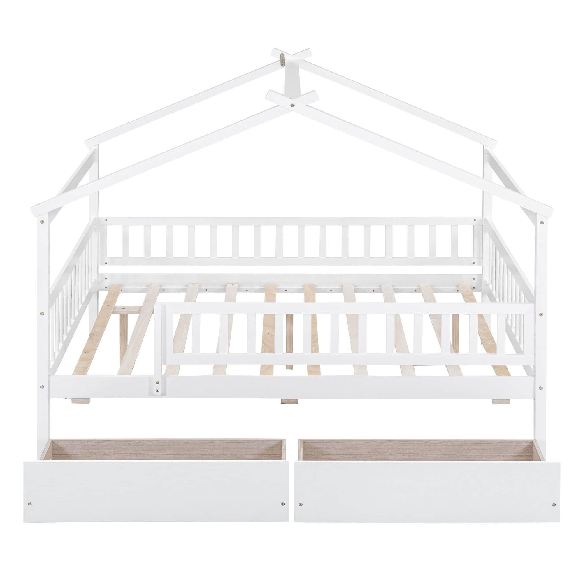 Full Size Wood House Toddler Bed Frame with Rails and Storage