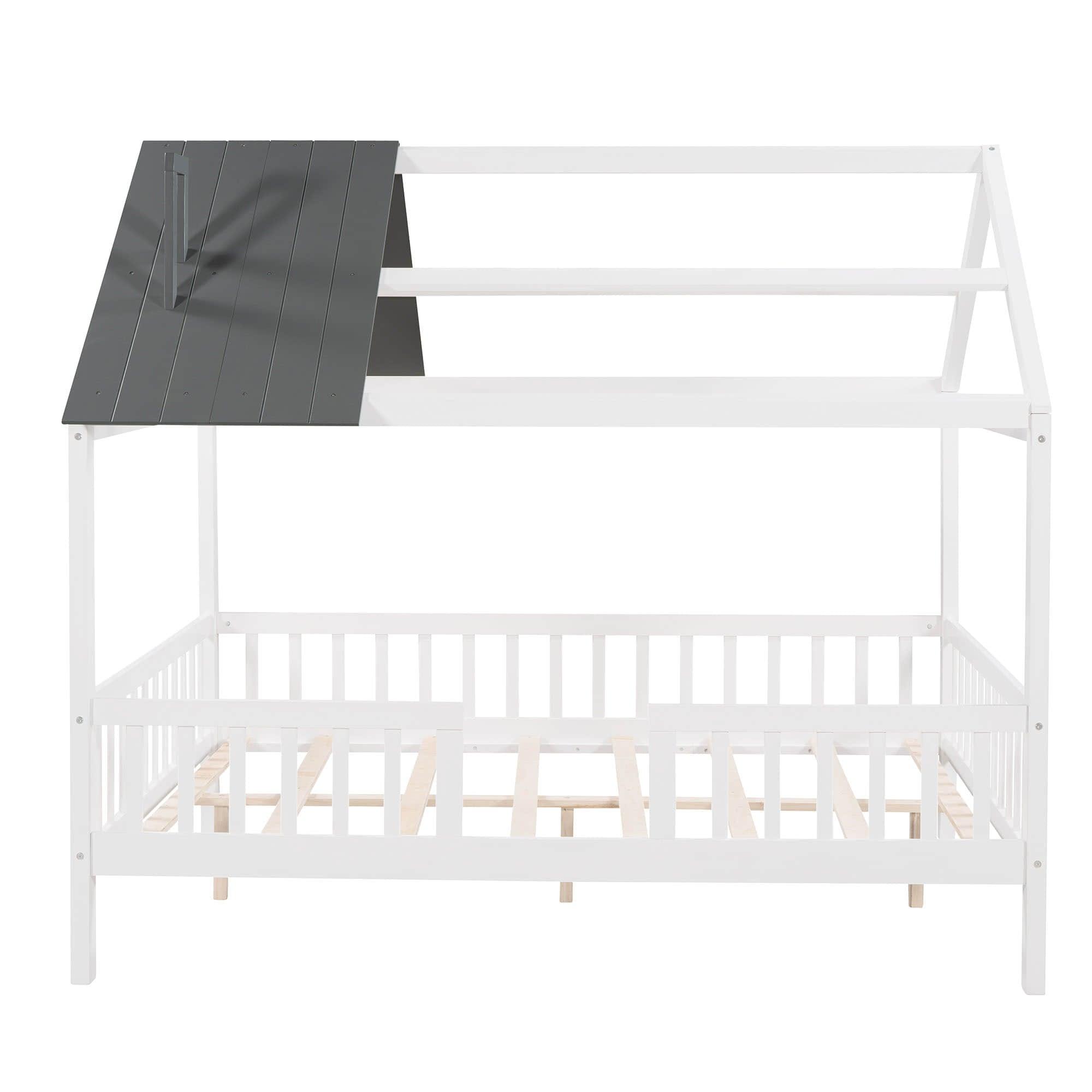 Full Wooden Kids Low Montessori Farmhouse Bed Frame with Rails