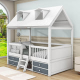 Low Twin Size Loft House Bed with Storage for Kids, Toddler - [Wooden]