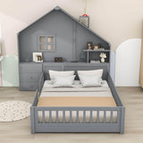 Smart Full Floor House Bed Frame with Storage Headboard and Sockets