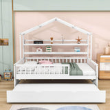 Wood Full Size Low House Bed Frame with Storage and Twin Trundle Bed