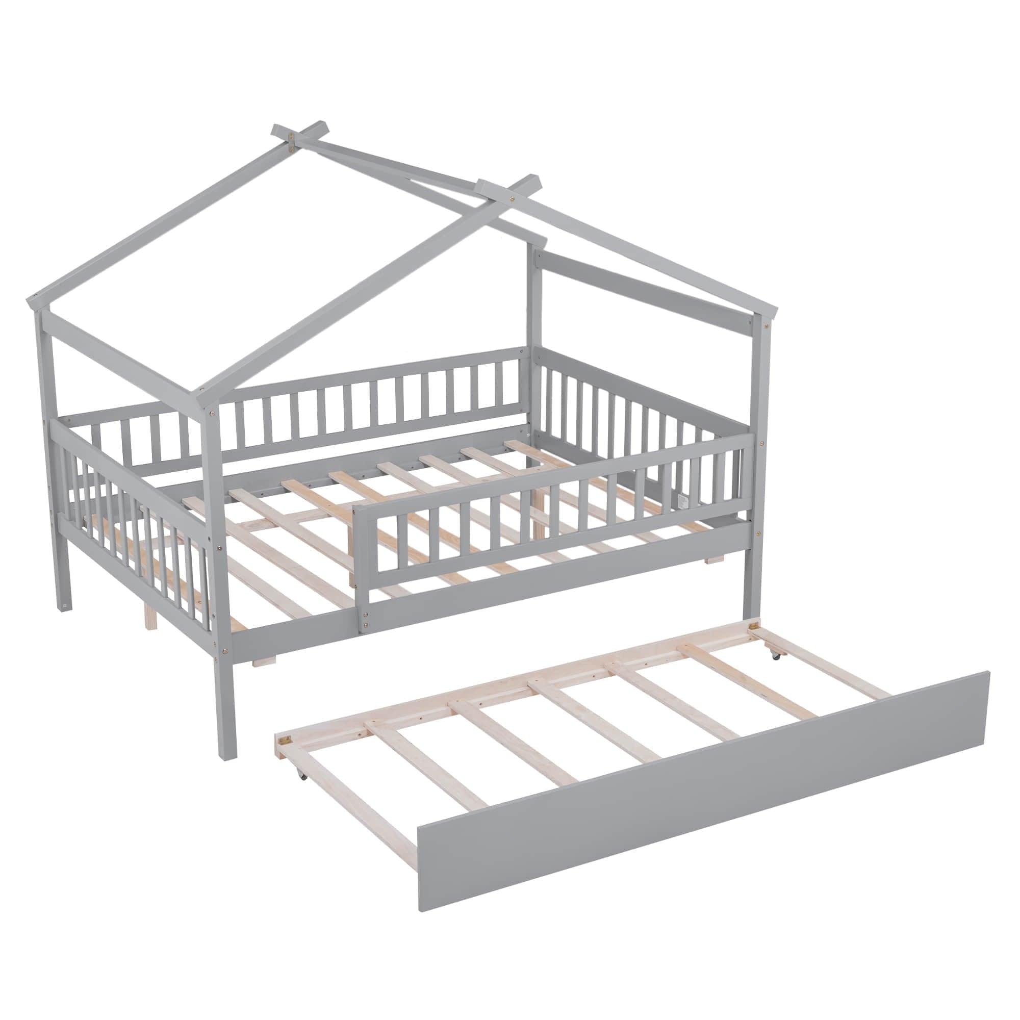 Wooden Full Size House Bed Frame with Twin Trundle for Kids, Toddler