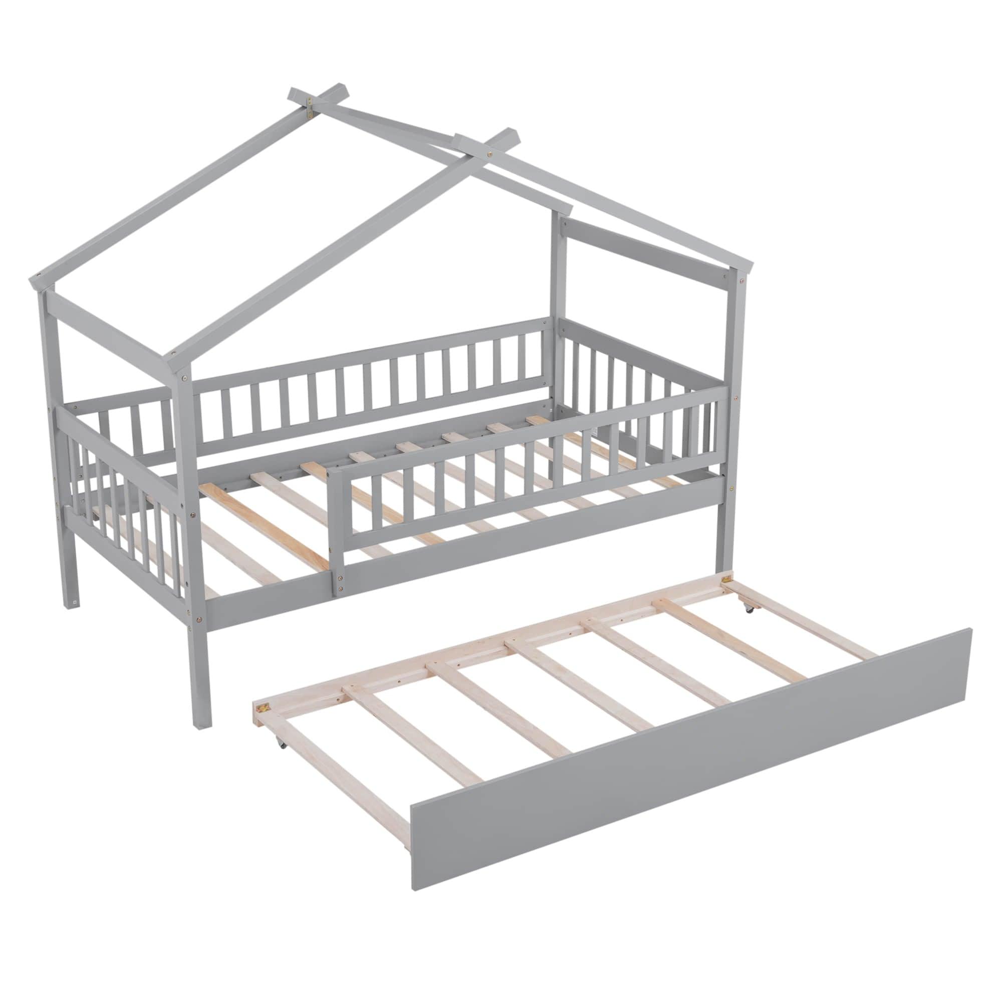 Wooden Twin House Bed with Twin Trundle for Kids, Toddler