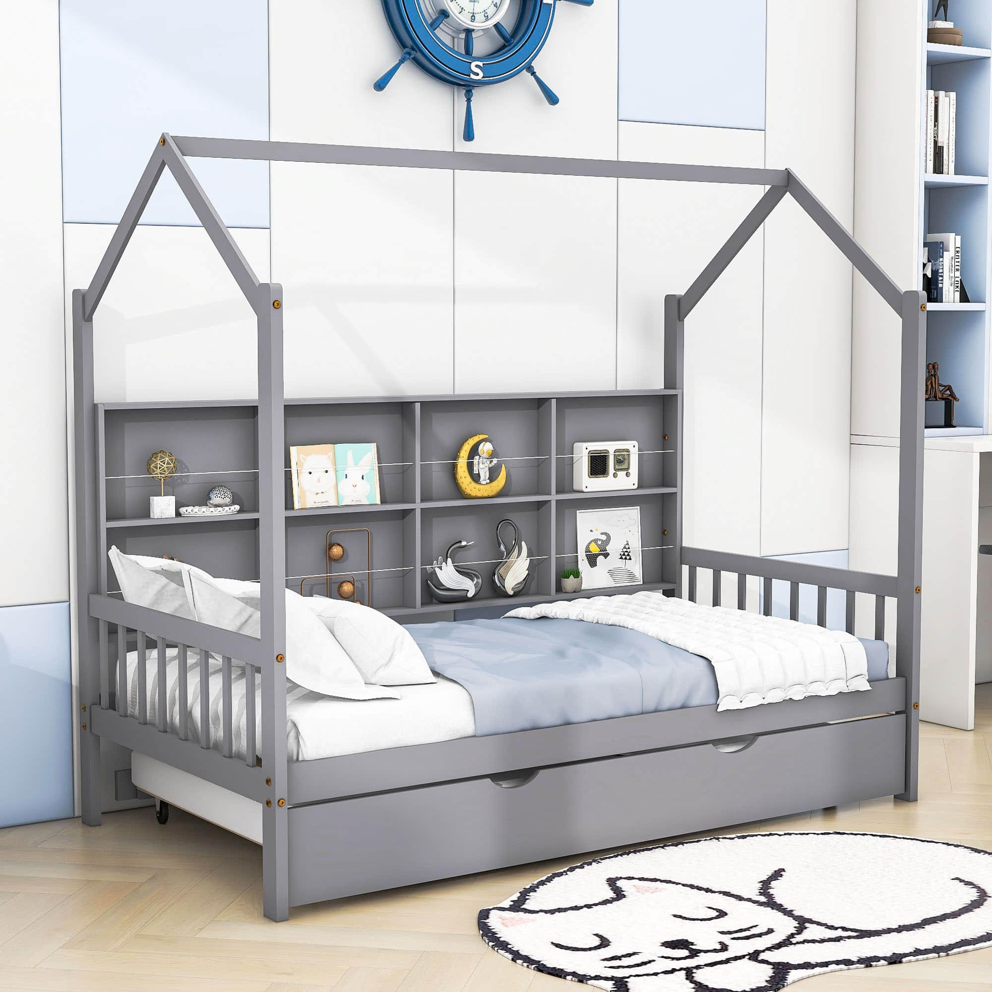 Twin Size Kids House Bed Frame with Twin Trundle and Shelf above Bed