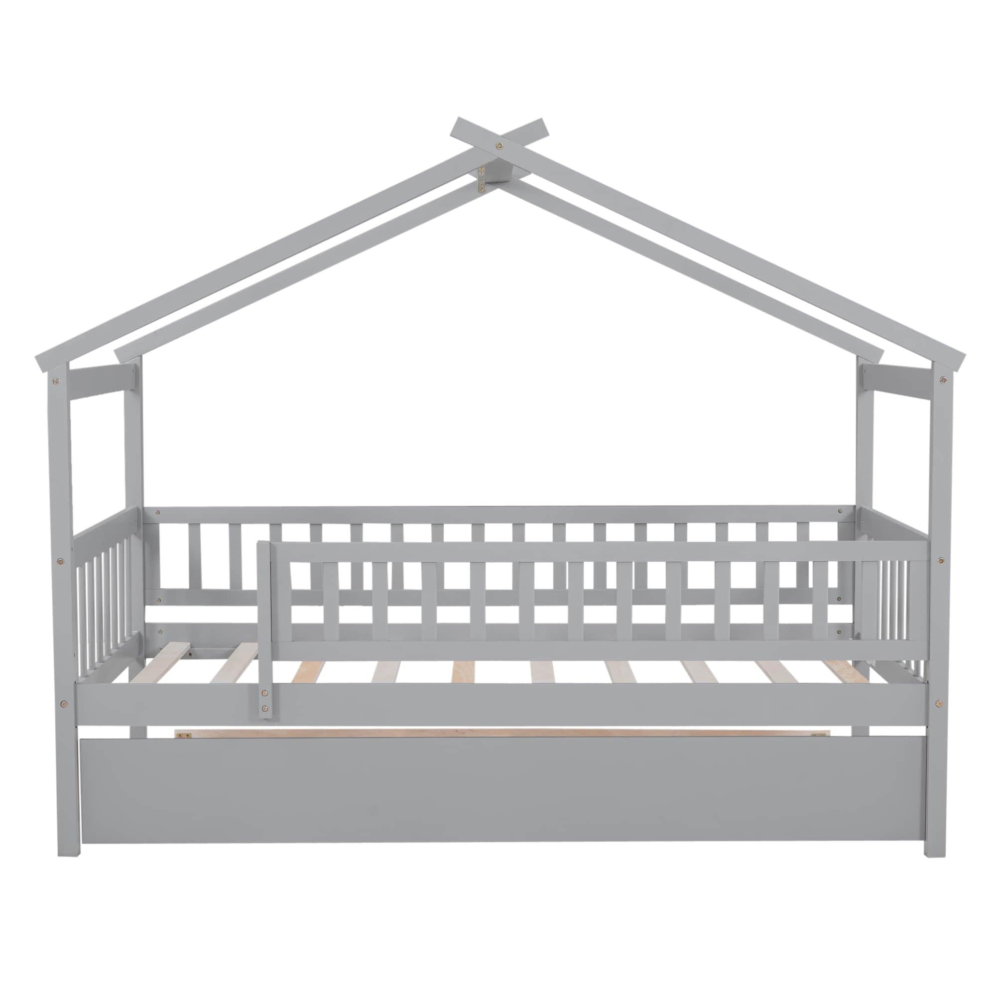 Wooden Twin House Bed with Twin Trundle for Kids, Toddler