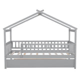 Wooden Twin House Bed with Twin Trundle for Kids, Toddler