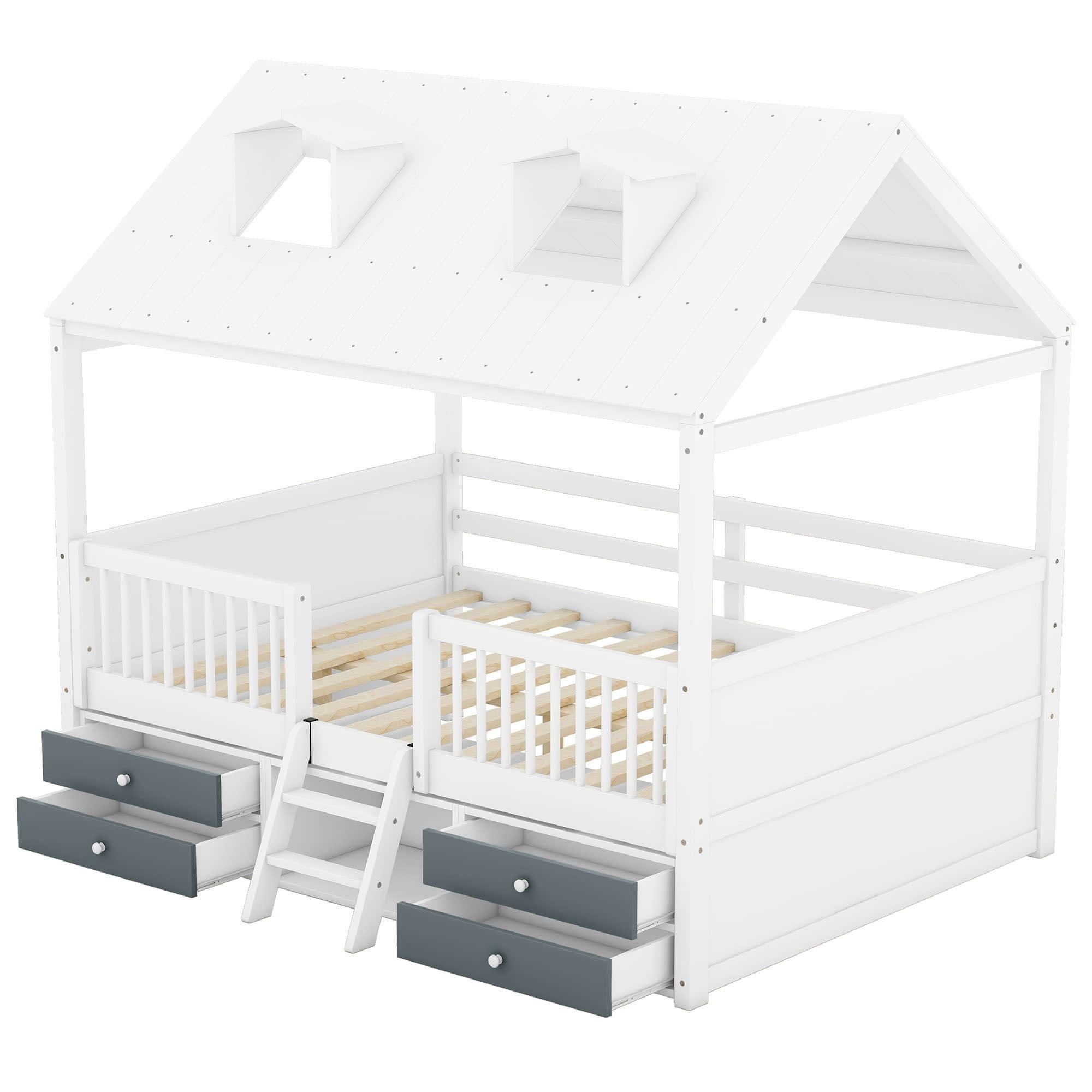 Low Full Size Loft House Bed with Storage for Kids, Toddler - [Wooden]