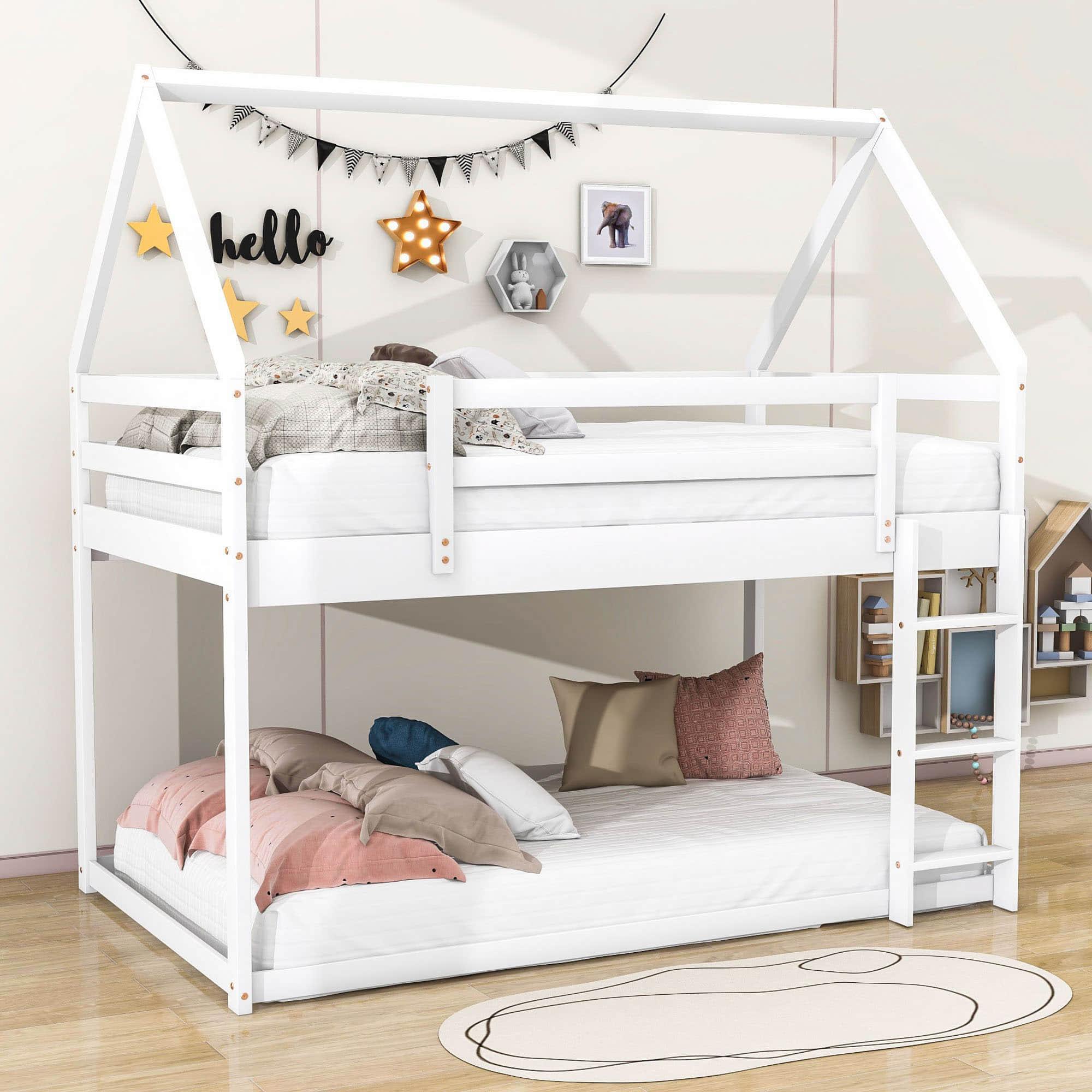 Montessori Wood House Twin over Twin Loft Bunk Bed for Kids, Toddler - [Low]