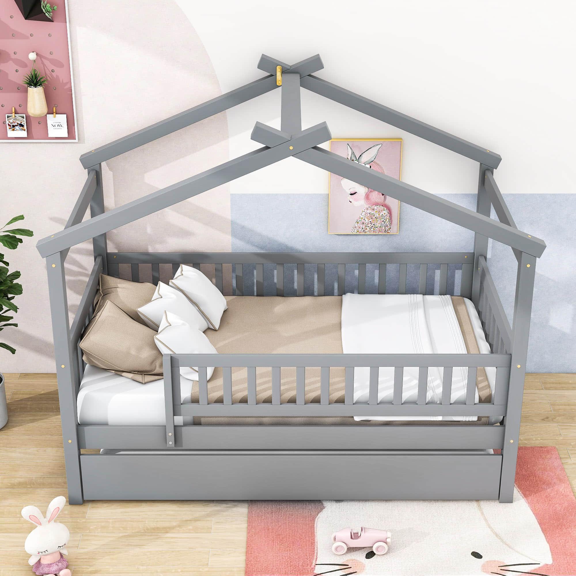 Wooden Twin House Bed with Twin Trundle for Kids, Toddler